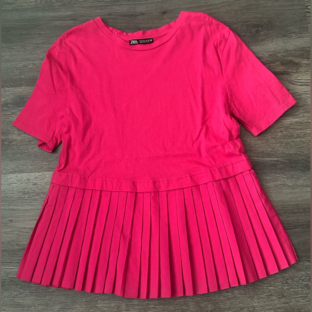 Zara Hot Pink Pleated Hem Short Sleeve Top
